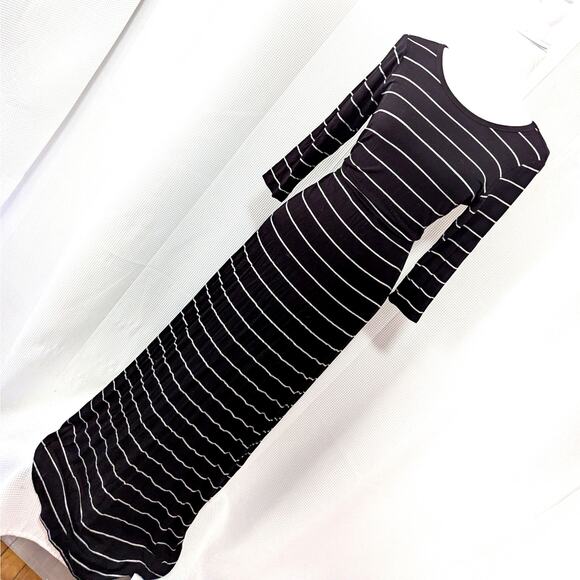 JOAN VASS! ULTRA MAXI STRETCH T-SHIRTING BLACK & GRAY STRIPED L/S DRESS! SZ M - Picture 11 of 11